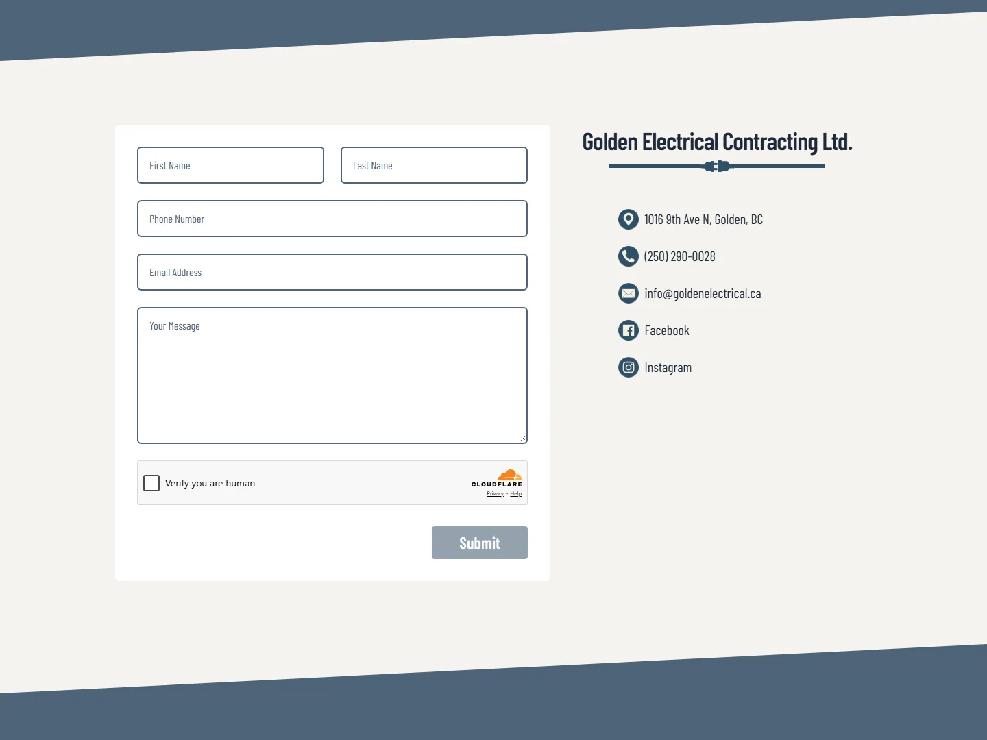 The contact form with a Cloudflare Turnstile check beside the company's contact details