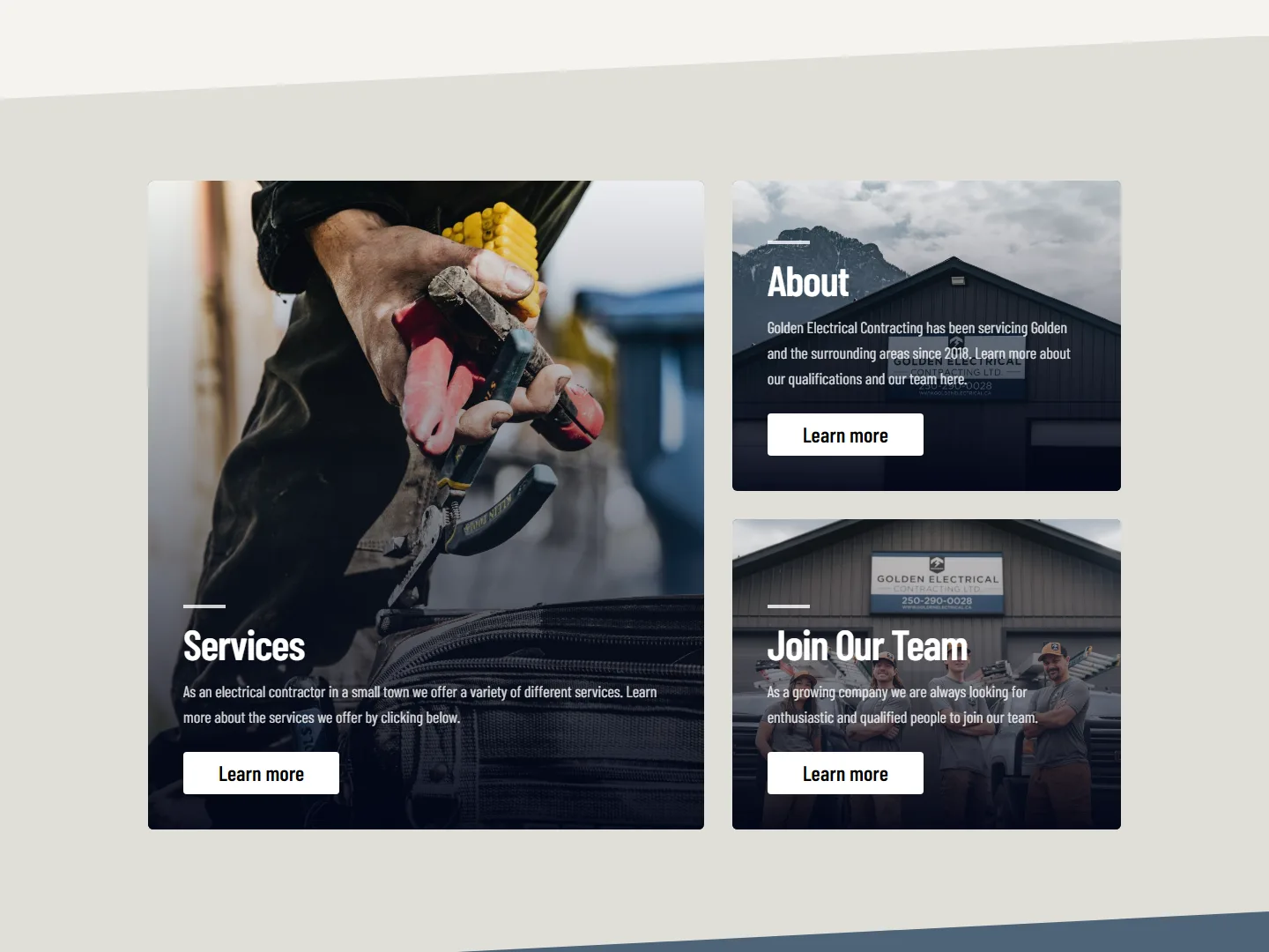 Slanted section dividers and photo panels for Services, About, and Join Our Team on the homepage