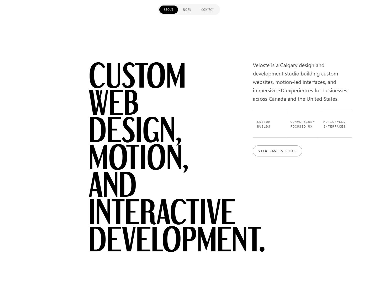 The About pane: large black display type on white with a service list and a case-studies button
