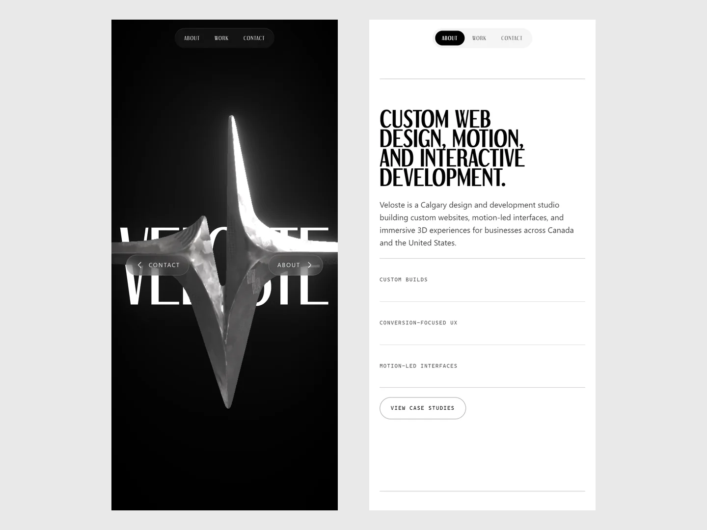 Two phone frames: the landing with the star and the About pane at phone width