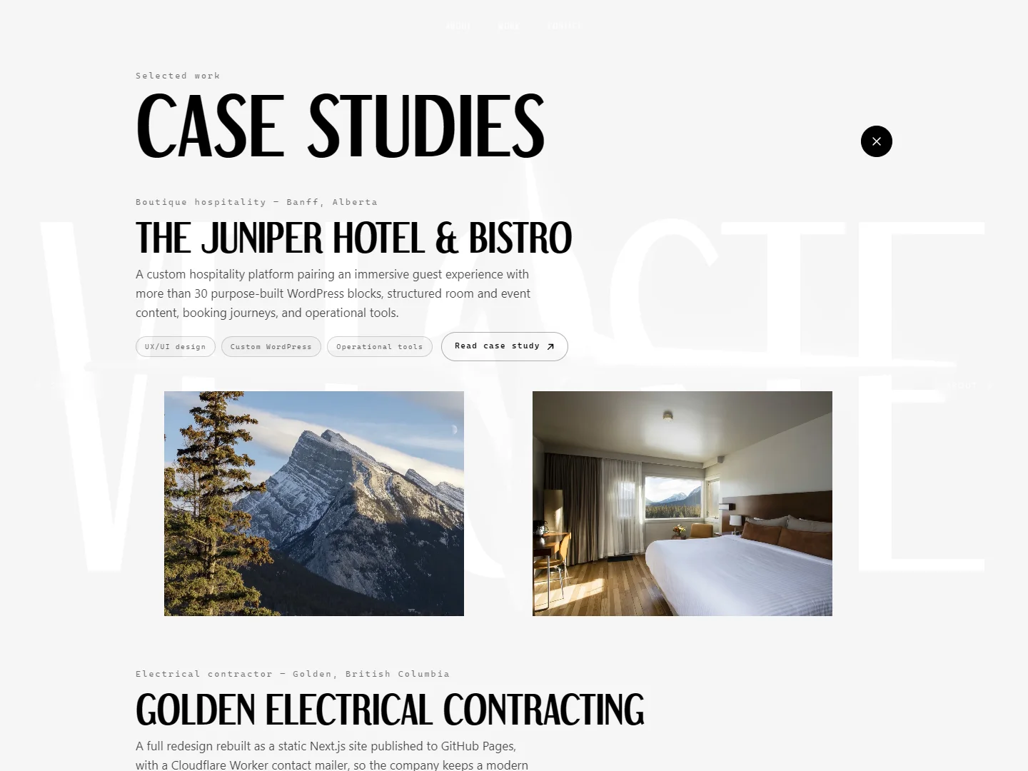 The Work overlay: a white case-studies gallery with horizontal image strips over the faded landing